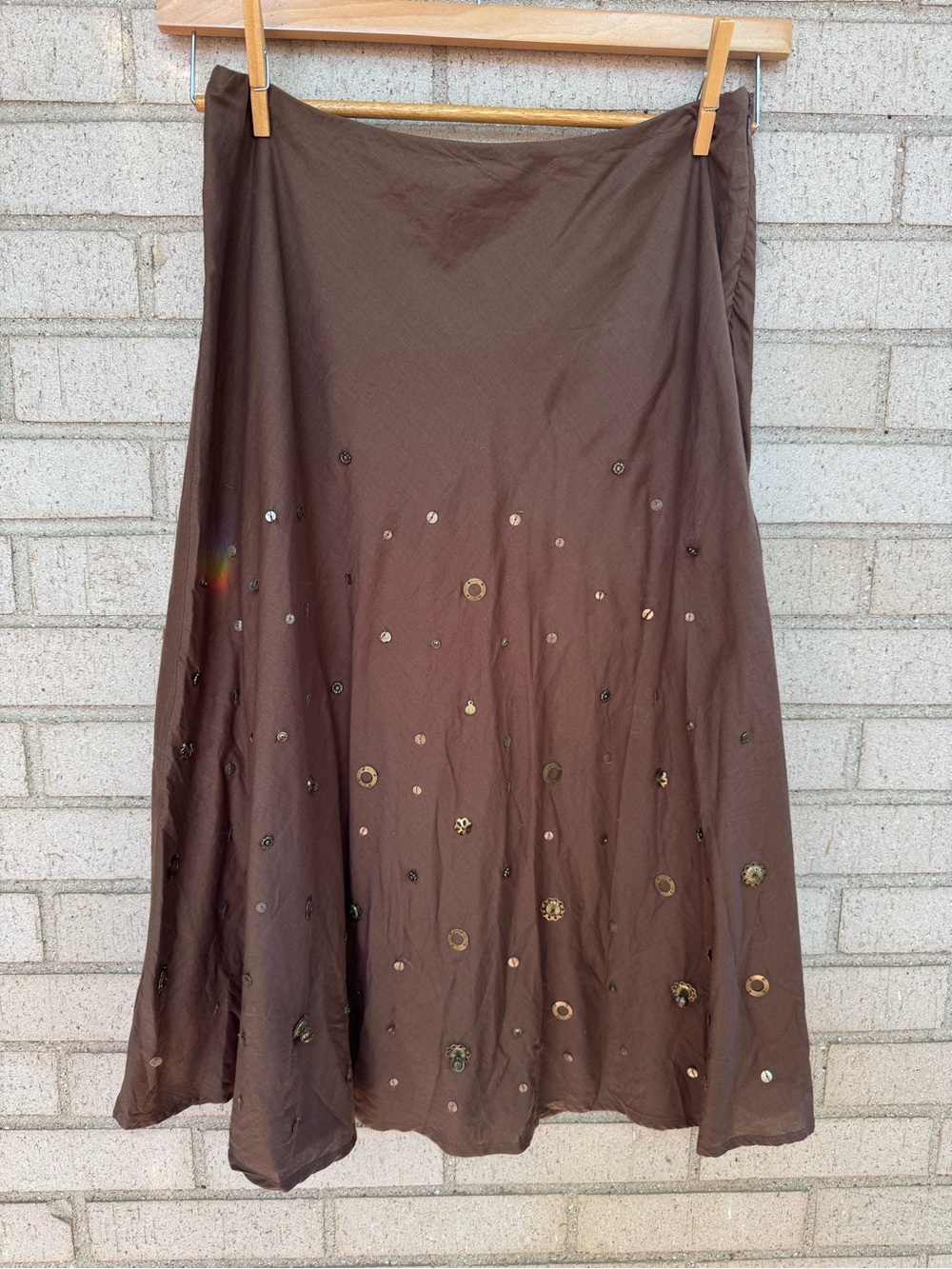 Vintage Chocolate Brown Embellished Midi Cotton Boho Earthy A Line Skirt Sz 6